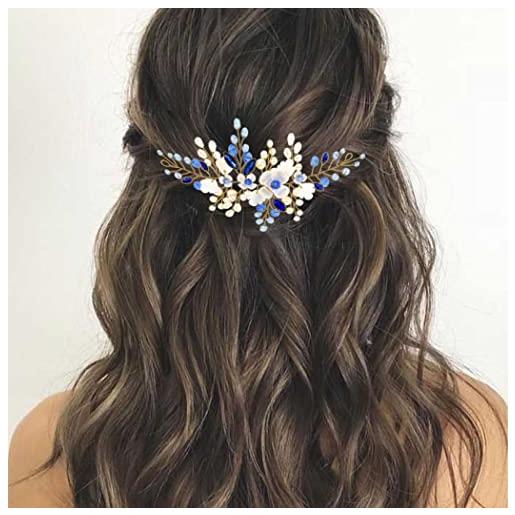 Ushiny cerchietto per capelli da sposa con fiori e spose, colore: oro, per capelli e perle, per donne e ragazze