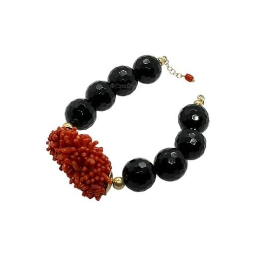 sicilia bedda - bracciale in corallo rosso del mediterraneo - argento 925 - prodotto realizzato a mano - idea regalo (ciuffo di corallo e agata nera)