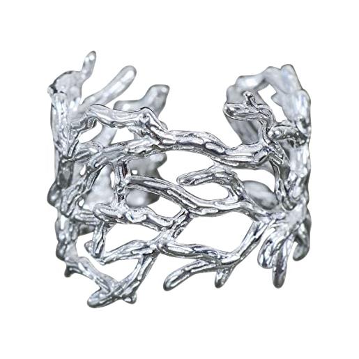 NicoWerk anello da donna in argento con corallo in argento sterling 925 ramificato largo lucido traforato regolabile aperto sri773