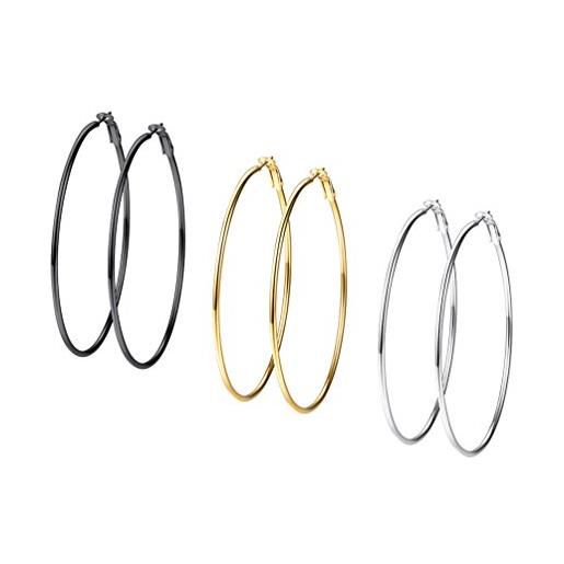 PROSTEEL 3 paia set orecchini cerchio donna grandi piccoli semplici, acciaio inossidabile/placcato oro 18k, diametro 70 mm, argento nero oro(confezione regalo)