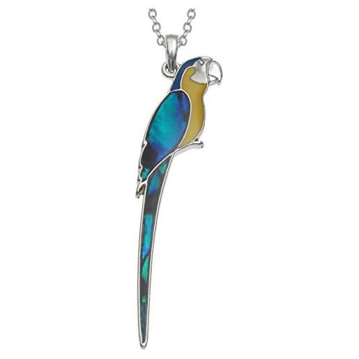 Kiara Jewellery - collana con ciondolo a forma di pappagallo, intarsiato con conchiglia di abalone di paua verde naturale e resina epossidica gialla, blu su catenina da 46 cm