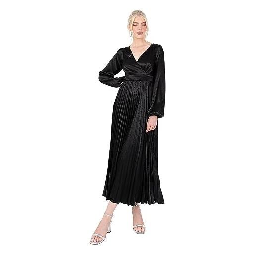 Lovedrobe women's midaxi dress ladies pleated satin v-neck long bishop sleeve empire a-line for evening occasion party prom ball vestito, nero, 46 donna