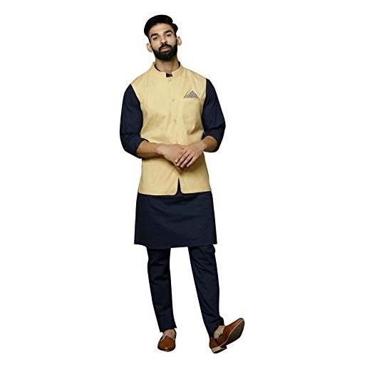 STYLE INSTANT - set da uomo in misto seta indiana kurta pigiama e giacca nehru (cappotto) per matrimonio etnico diwali puja, blu navy, l