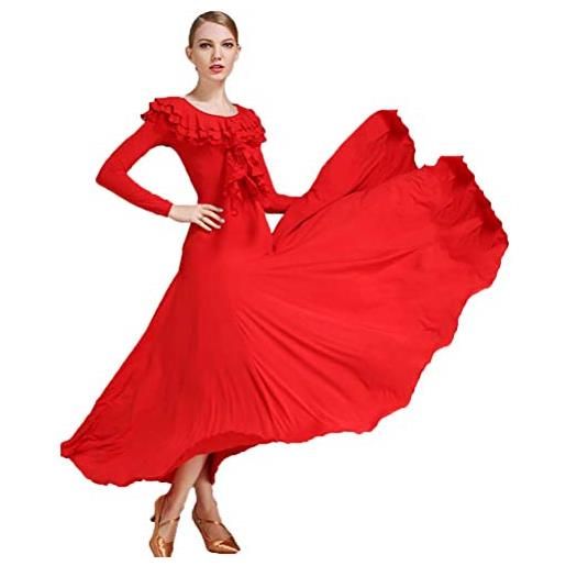 Tzdd abiti da ballo da sala per le donne elegante vestito da ballo di flamenco foxtrot gonna moderna elastica prestazioni di ballo del valzer costumi, rosso, s