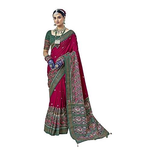 STYLE INSTANT sari da donna in cotone e seta con stampa in lamina di seta indiana, abbigliamento etnico mirrow work sari con camicetta non cucita | rich pallu detailing, rosso rosato, etichettalia
