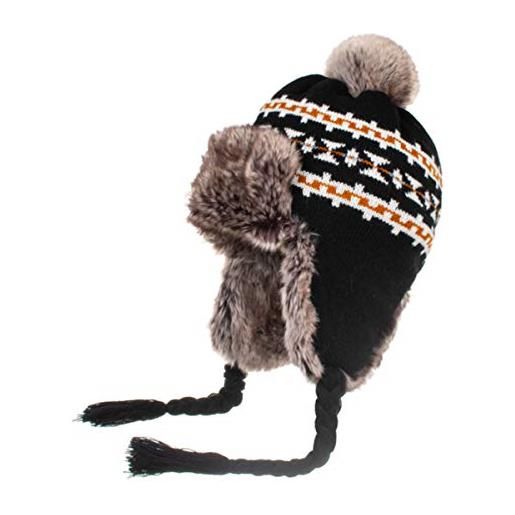 Hanguin berretto da donna in maglia peruviana, in lana calda all'uncinetto, con nappa, cappello da sci in perù, con paraorecchie nero 6 7/8 / 7 1/4