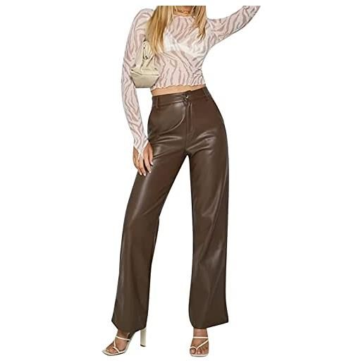 ILLOYD pantaloni leggings da donna in ecopelle pantaloni a vita alta dritti a gamba larga in ecopelle pantaloni solidi casual con tasche(size: x-large, color: marrone)