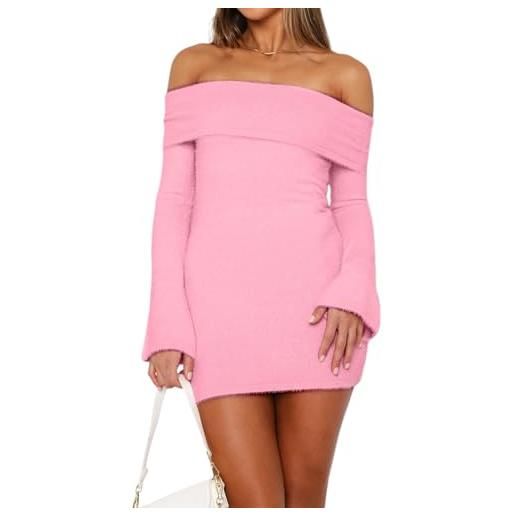 AeasyG donna off shoulder mini dress sexy long sleeve backless solid party club bodycon short dresses autunno inverno fuzzy pullover sweater dress streetwear