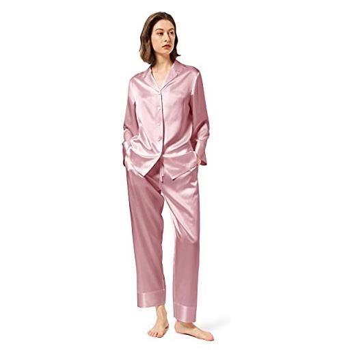 Mommesilk pigiama da donna, a maniche lunghe, lavabile, in seta pj, per dormire, estivo, da donna, in seta colore: rosa. M-l