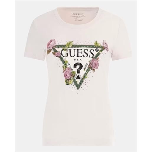 Guess ss rn flor triang t low key pink t-shirt m/m rosa tr fiori donna