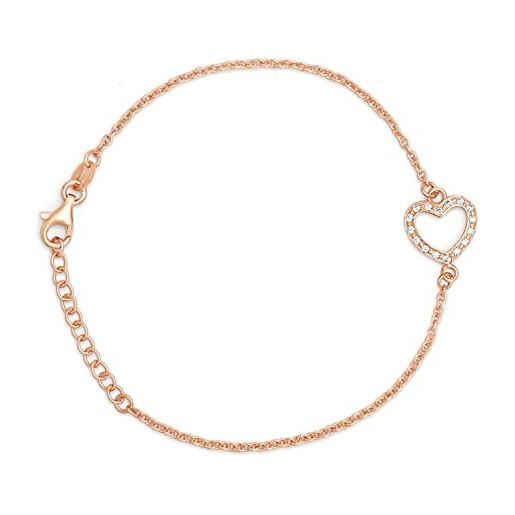 Aka Gioielli® - bracciale donna con cuore e zirconi in argento 925 placcato oro rosa, idea regalo