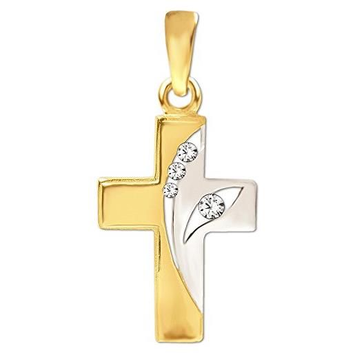 CLEVER SCHMUCK clever gioielli dorato ciondolo a forma di piccola croce 3 + 1 zirconi stigliato, bicolor lucida. Vero oro 333