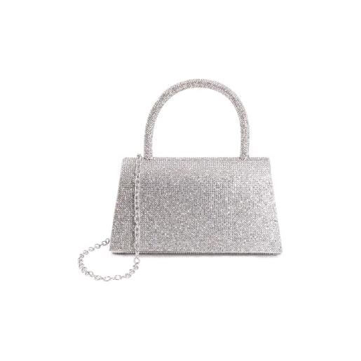 QUEEN HELENA pochette con manico rigido borsetta a mano con tracolla rimovibile con strass elegante donna ss609 (argento)