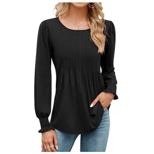 BRONG donna manica lunga magliettatee sciolto a pieghe donna tunica top camicia casual manica a sbuffo girocollo blusa maglietta nero xl