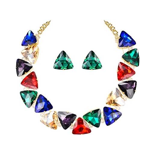 Clearine art deco statement collana orecchini per donne brillante cristalli triangolo set di gioielli per prom party multicolore oro-fondo