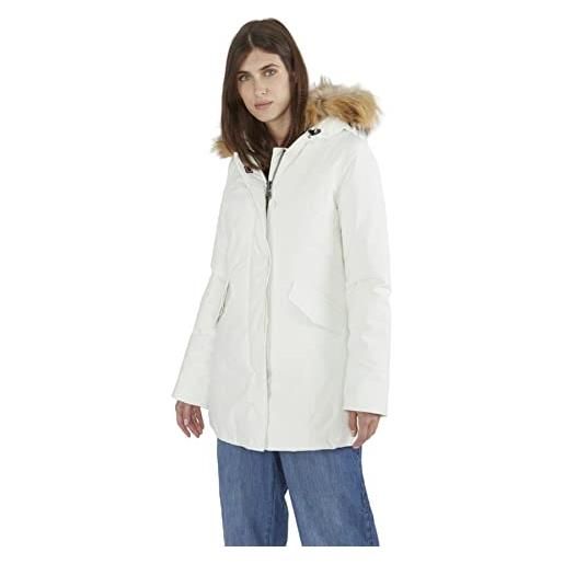 Canadian donna giacca parka con cappuccio contornato pelliccia fundybay tech nyl imbottitura vera piuma 50/50 gcm01-wtech bianco blanc de blanc bdb