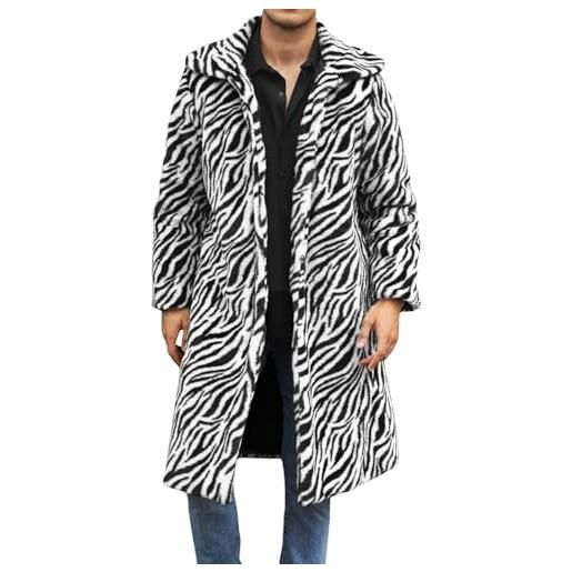 Qtinghua giacca invernale da uomo di lusso in finta pelliccia, a maniche lunghe, colletto con risvolto, aperto sul davanti, cappotti lunghi caldi, zebra bianca. , xxl