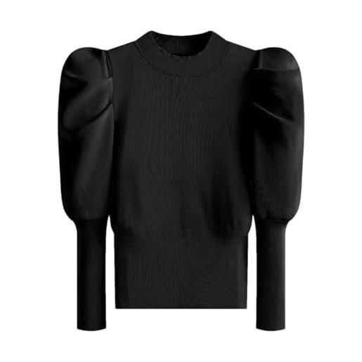 Fnfmrfmr maglione pullover sottile a maniche lunghe a sbuffo solido da donna a mezzo dolcevita lavorato a maglia black s