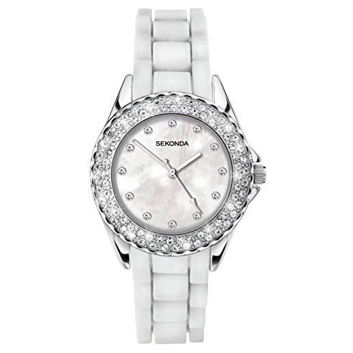 Sekonda orologio da donna, colore: bianco, con pietre, cinturino in silicone
