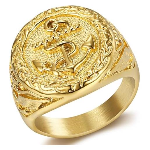BOBIJOO JEWELRY - imponente anello con sigillo tondo da uomo in acciaio inossidabile 316 con ancora oro dorato e aquila marina - 31 (14 us), d'oro - acciaio inossidabile 316