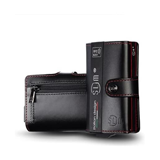 SLim porta carte di credito schermato portafoglio uomo rfid portatessere anticlonazione donna portacarte uomo (nero cuciture rosse, con zip)