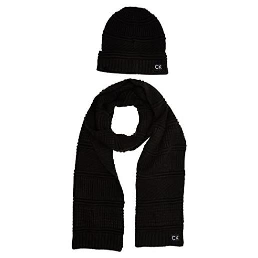 Calvin Klein men's cuff hat and scarf gift set cappello invernale, strisce nere miste, taglia unica uomo