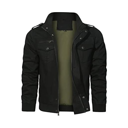 HOOD CREW bomber militare da uomo multi tasche casual outwear giacca cargo colletto alto, nero , l