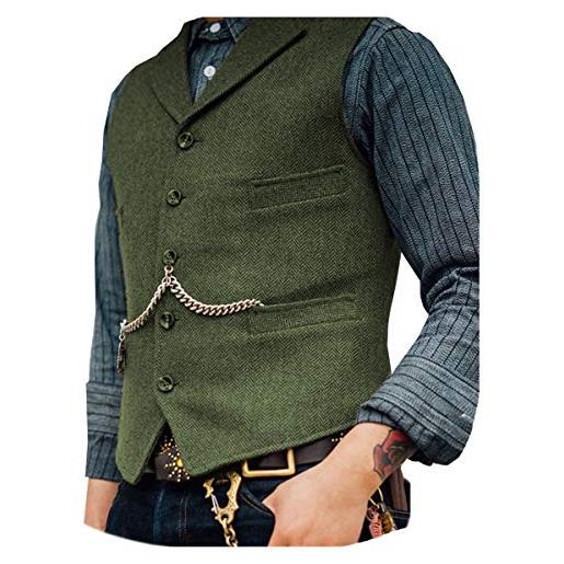 Solovedress gilet da abito da uomo elegante tweed panciotto classique smanicato revers cranté pour mariage（army green，s）