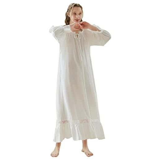 aromm donna cotone camicia da notte vittoriana finiture in pizzo lunghezza intera manica lunga elastico pigiameria bianco, xl