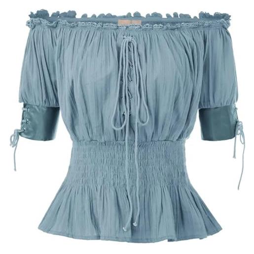 AYAZER camicia vittoriana steampunk da donna mezza manica boho con spalle scoperte e allacciatura in vita camicia estiva-blu foschia-s