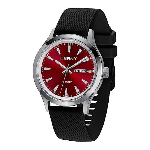 BERNY orologio al quarzo per gli uomini miyota 2105 movimento maschile moda wirstwatch impermeabile orologio da uomo casual lancette luminose cinturino in silicone, rosso, orologio al quarzo