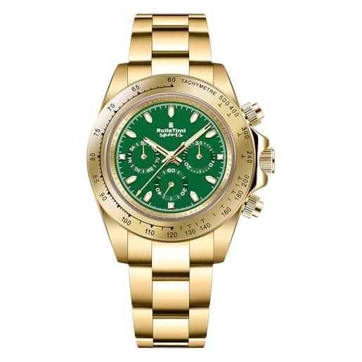 RollsTimi rt137 orologio da uomo automatico in acciaio inossidabile impermeabile multifunzionale casual business orologi da uomo moda sport cronografo lente zaffiro (verde oro rt137)
