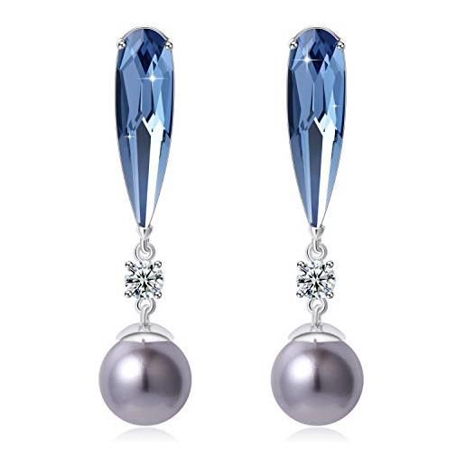 SUE'S SECRET orecchini di perle con cristalli di perla swarovski placcatura elegante pendente goccia zircone per le donne e placcato platino, colore: blu e grigio. , cod. Ed19_3blue&grey_