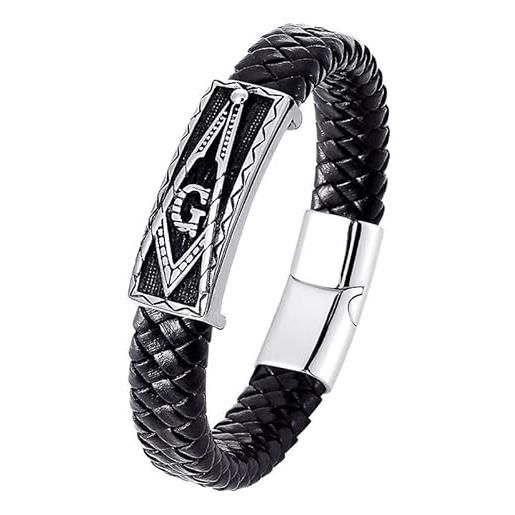 BOBIJOO JEWELRY - bracelet cuir noir homme franc maçon acier inoxydable au choix 19, 21ou 23cm - nero 21cm