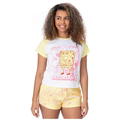 SpongeBob Squarepants pigiama donna ladies daydreamer character coral white raglan t-shirt pantaloncini gialli elasticizzati | serie tv film merchandising