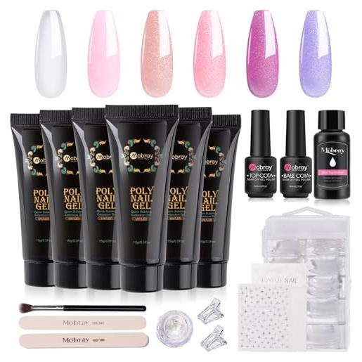 Mobray poly unghie gel kit, 6 colori trasparente rosa viola glitter poly acrylgel per unghie completo u v poly ricostruzione nail gel set estensione unghie gel completo