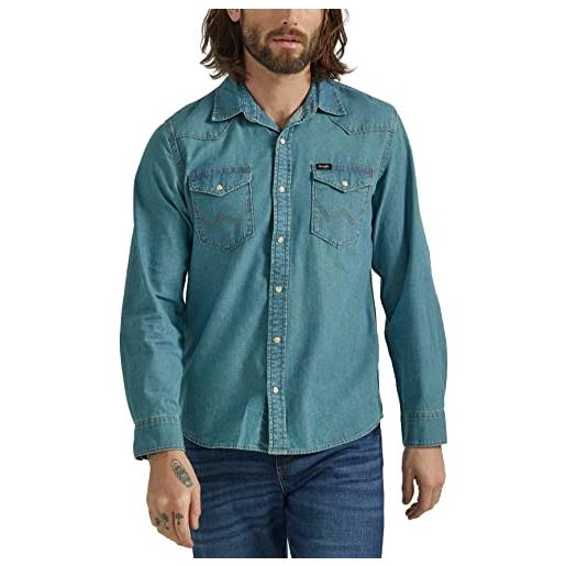 Wrangler iconic denim regular fit snap shirt camicia button-down, lavaggio a grana, xl uomo