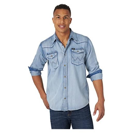 Wrangler iconic regular fit snap shirt camicia button-down, denim tinta media, l uomo