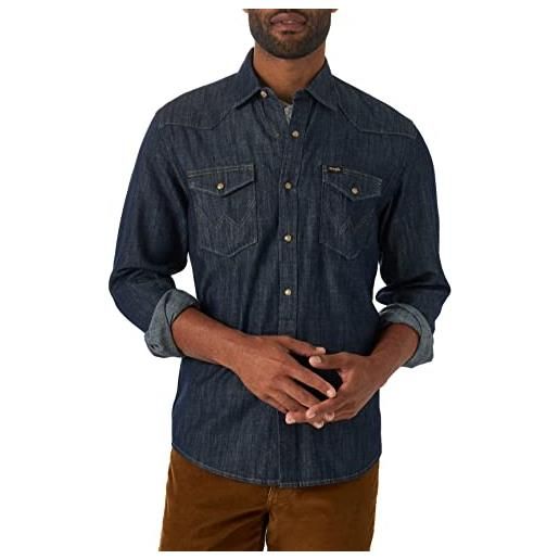 Wrangler iconic regular fit snap shirt camicia button-down, denim tinta media, l uomo