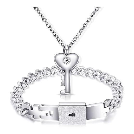 Flongo - collana e bracciale fidanzati con chiave 2 pezzi con lucchetto per lui e llei coppia regalo san valentino