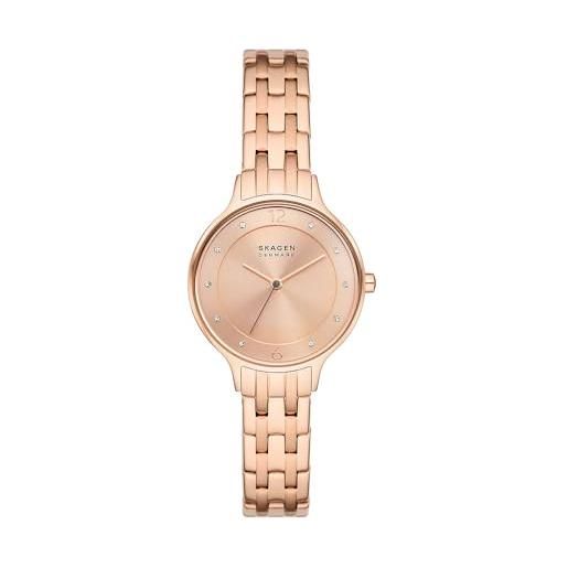 Skagen anita lille orologio per donna, movimento al quarzo con cinturino in acciaio inossidabile o in pelle, tonalità oro rosa, 30mm
