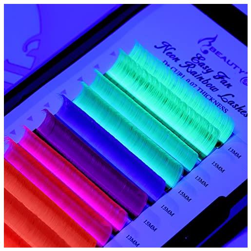 Beauty7 estensioni per ciglia a ventaglio colorate al neon d+ curl 0,07 mm lunghezza mista 13 mm-15 mm blu, viola, giallo, verde, rosa, arancione e arancione scuro, arcobaleno faux visone ciglia Beauty7