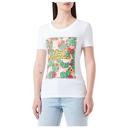 Love Moschino short sleeves in stretch cotton jersey with cactus and logo t-shirt, bianco, 46 donna