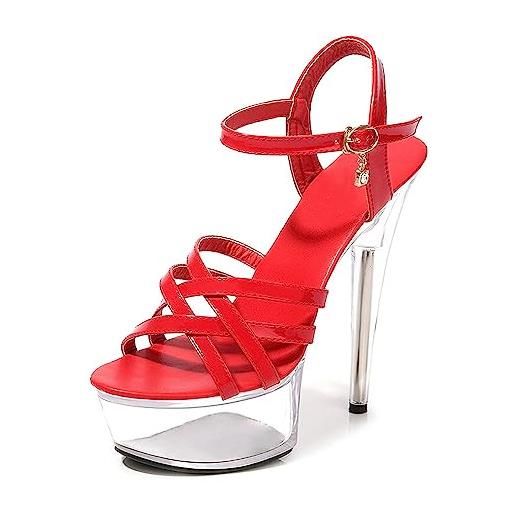 Eralom sandali tacchi alti da donna, sandali da sposa con cinturino alla caviglia stiletto da donna piattaforma spessa sexy sera, rosso, 42 eu