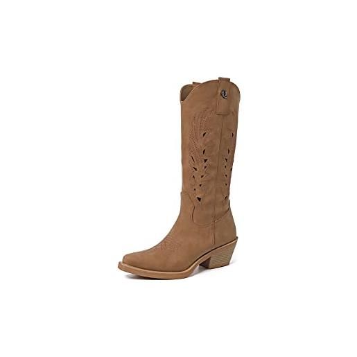 QUEEN HELENA camperos stivali con tacco western traforati stivaletti texani a punta cowboy donna x28-103 (beige, numeric_39)