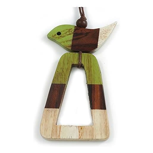 Avalaya collana lunga con ciondolo triangolare in legno di colore verde lime/marrone/uccello bianco antico con cordoncino di cotone marrone - 90 cm l/11 cm ciondolo, legno cavi legno