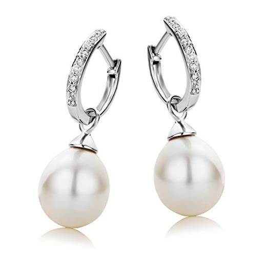 Miore - orecchini cerchio con diamanti e perle naturali in vero oro bianco 9kt 375, orecchini pendenti con perle coltivate e brillanti, boccole anallergiche - perno passante e farfalla a pressione. 
