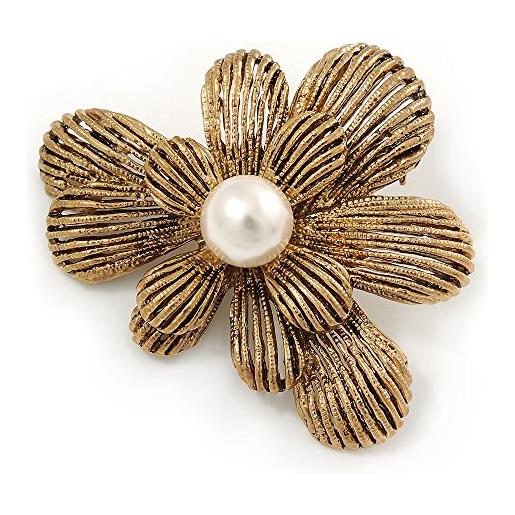 Avalaya spilla a forma di fiore sui toni dell'oro e del metallo, con texture a strati, grande, da 60 mm