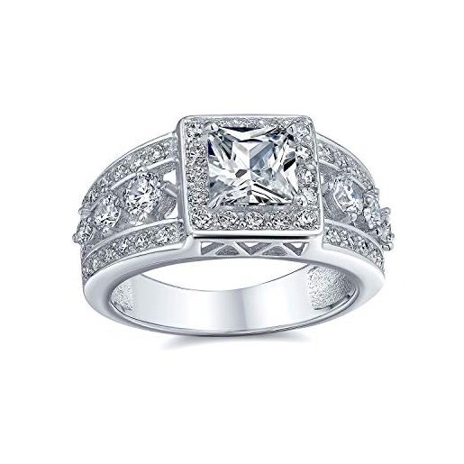 Bling Jewelry personalizza l'anello di fidanzamento della principessa di stile art deco aaa a forma di aureola tagliata quadrata per le donne con banda larga a 3 file in argento sterling 925 anello di promessa