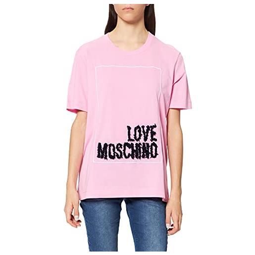 Love Moschino short sleeved t-shirt seasonal logo box with embroidery and 3-d effect organza petals, colore: rosa, 50 donna